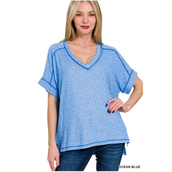 Cozy Solid Hacci V neck Reverse Stitch Short Sleeve Top - Picture 1 of 2